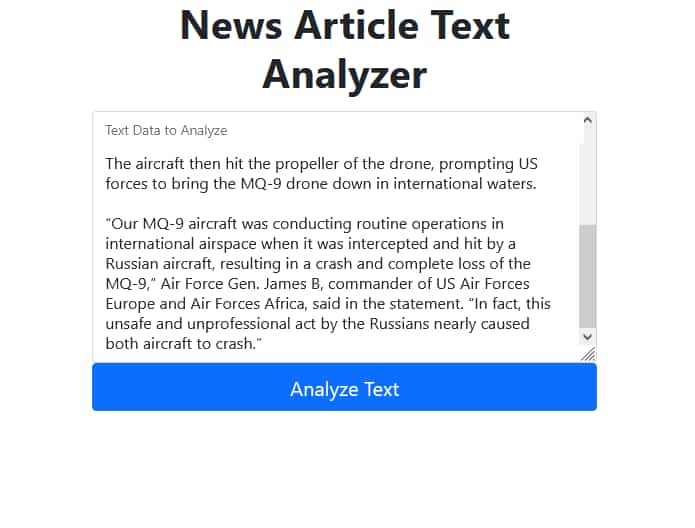 Frontpage of News Article Text Analyzer